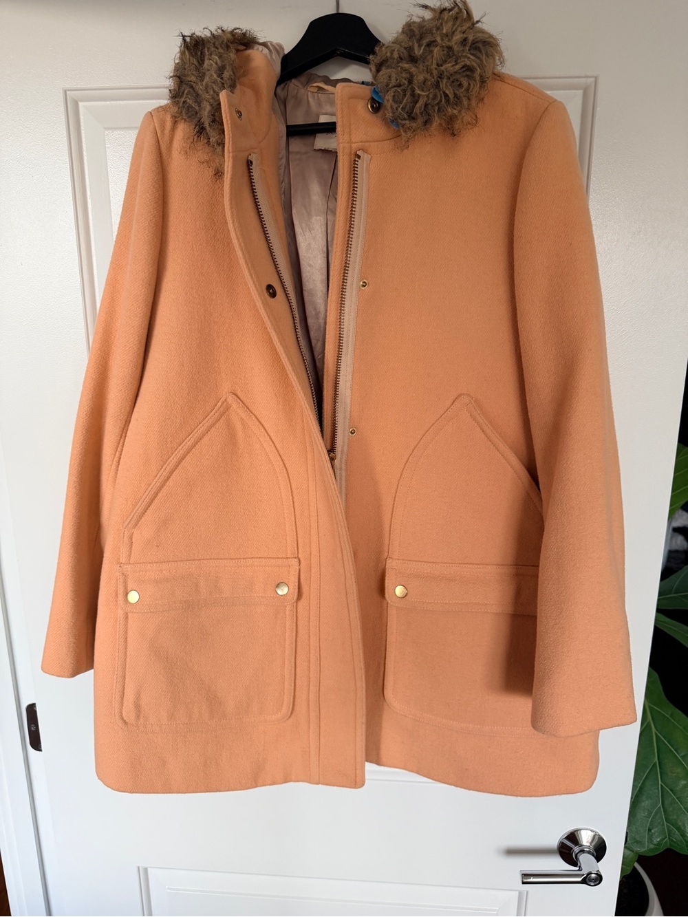 J. Crew Peach Wool-Blend Hooded Peacoat with Faux Fur Trim